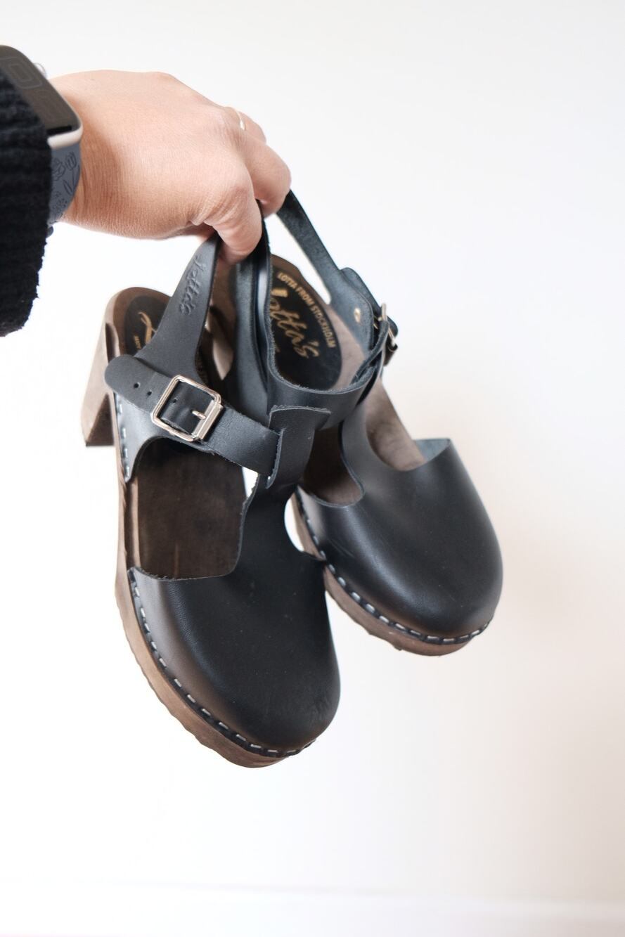 Lotta from Stockholm Black Leather T-Strap Clogs High Heel Made in Sweden